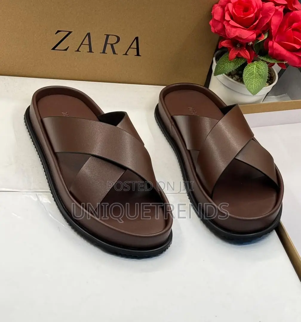 Quality Zara Cross-Strap Leather Sandals (Coffee)
