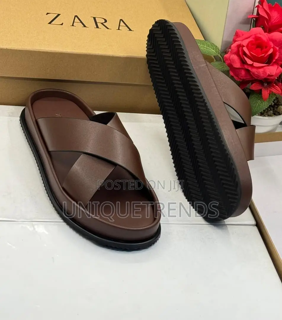 Quality Zara Cross-Strap Leather Sandals (Coffee)