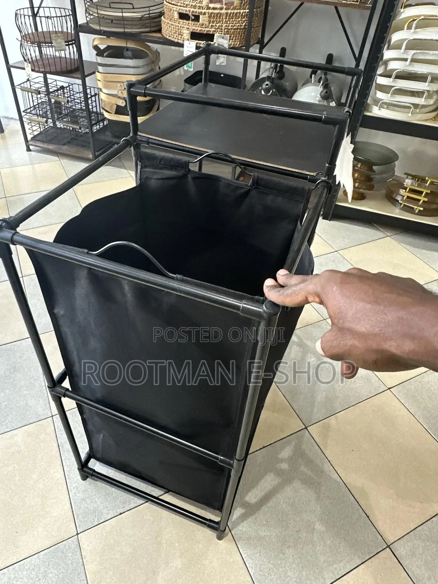 Black Multi-shelf Storage Rack With Laundry Hamper