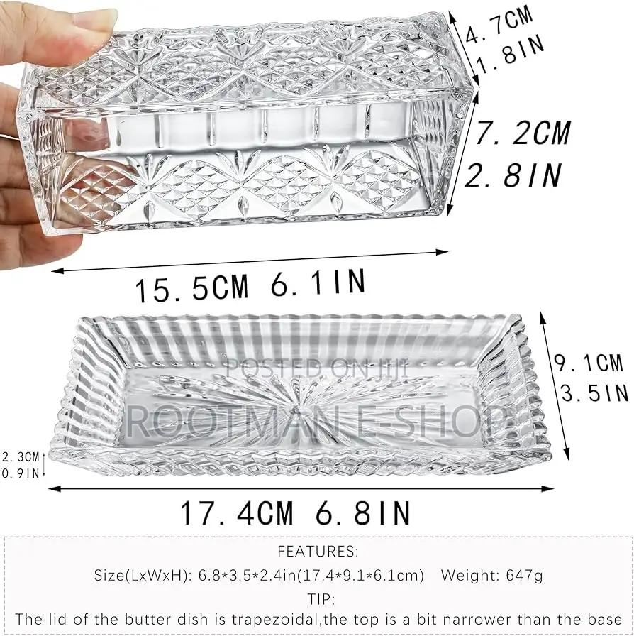 Crystal Covered Butter Dish,8inch Classic Glass 2-Piece Design