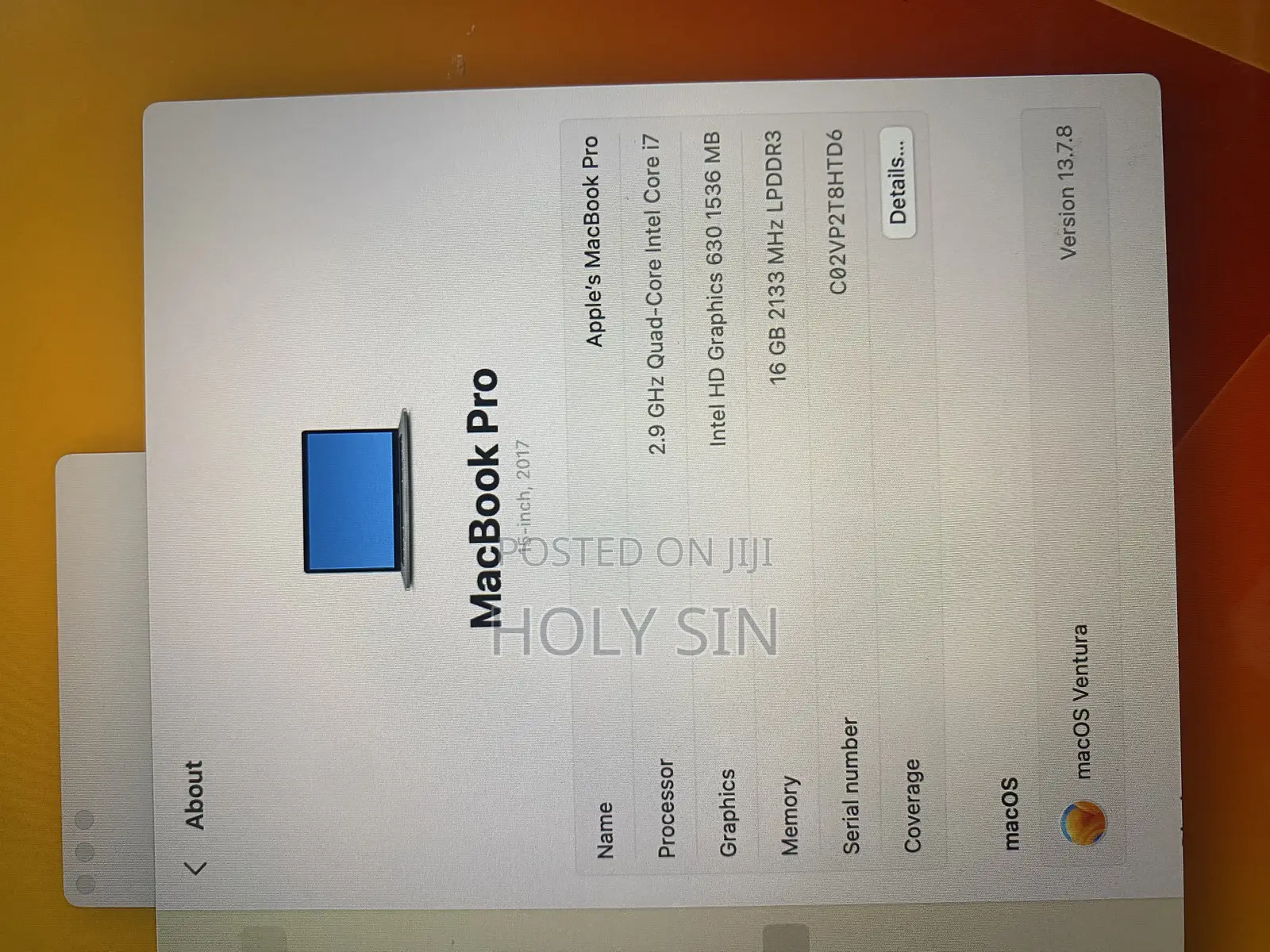 Laptop Apple MacBook Pro 2017 16GB Intel Core i7 SSD 500GB