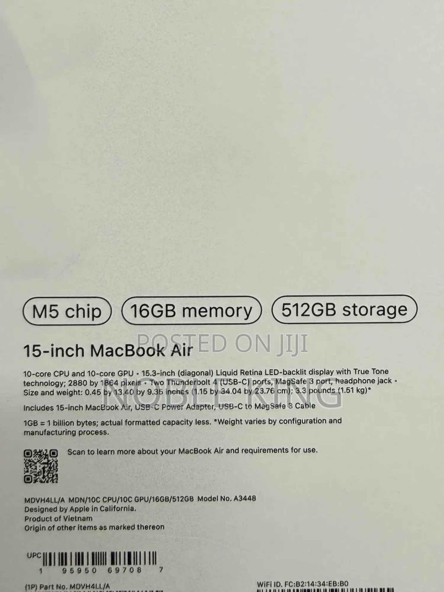 New Laptop Apple MacBook Air 2026 M5 15-inch 16GB Apple M5 SSD 512GB