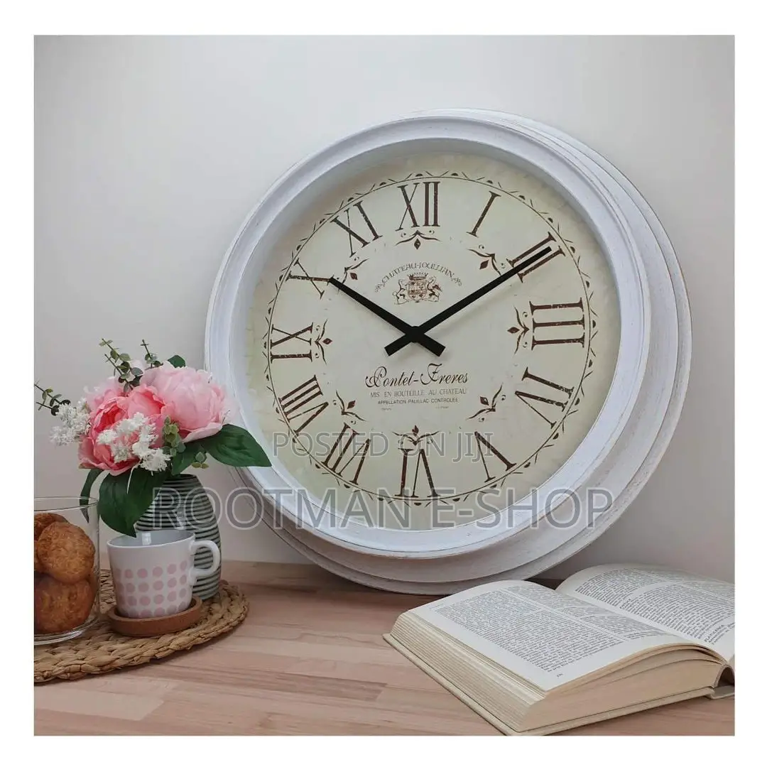 Large Round French Station Wall Clock Distressed Roman Numeral