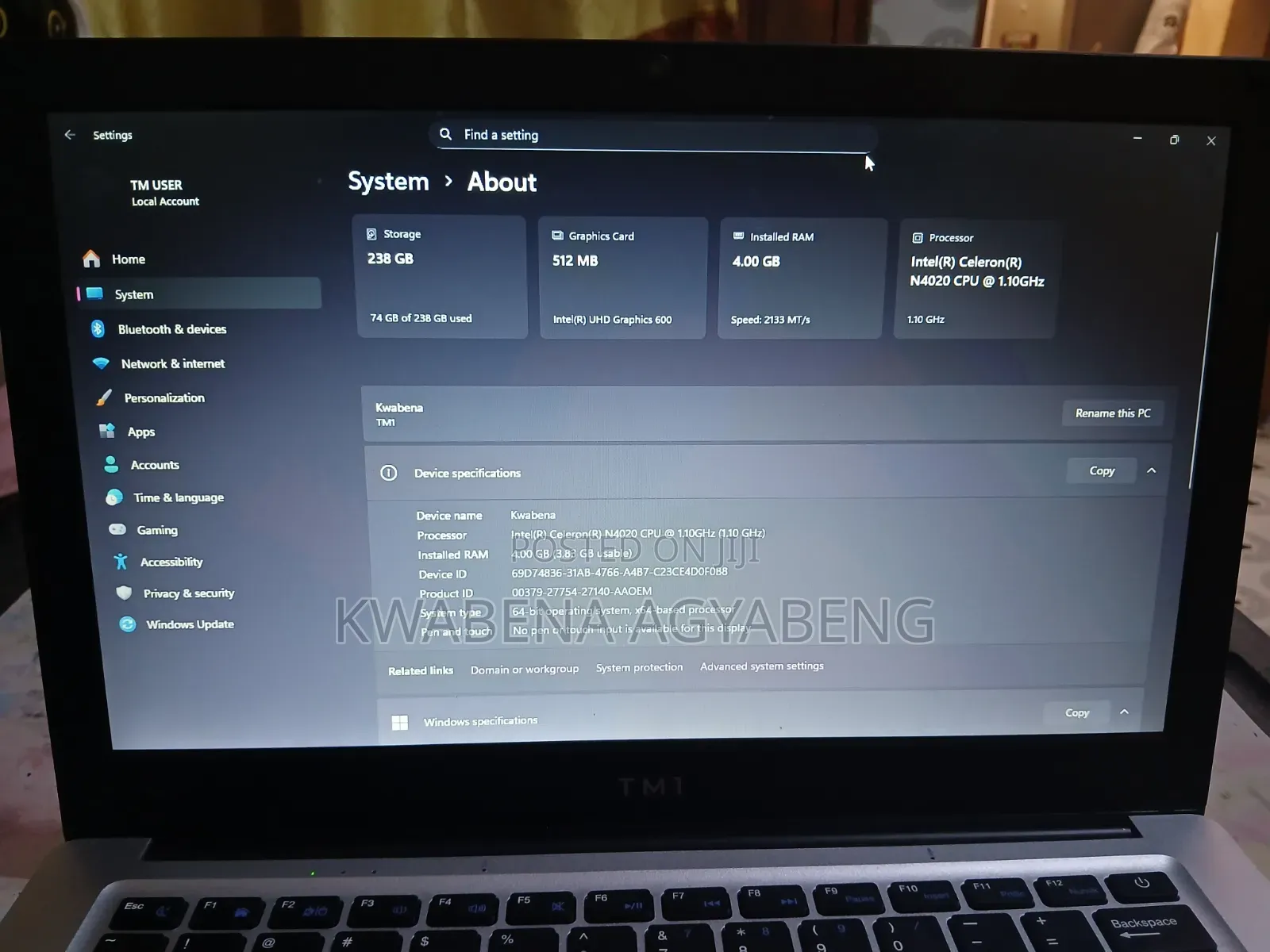 Laptop 4GB Intel Celeron SSD 256GB