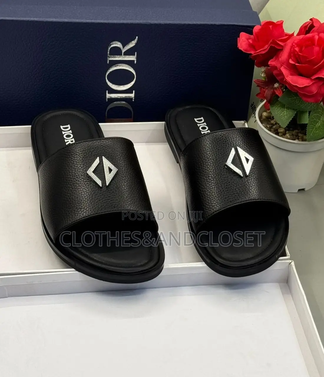 Black Dior Leather Slides Featuring a Silver-Toned Cd Monogram Buckle