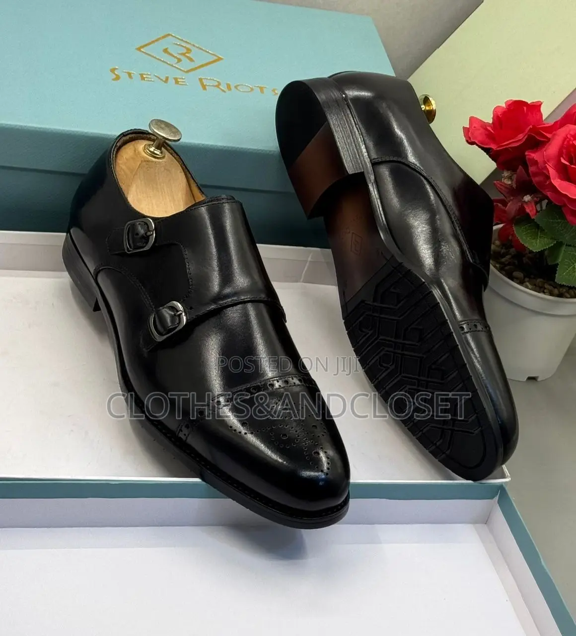 Black Leather Steve Riots Monk Strap Shoes With Silver Buckles