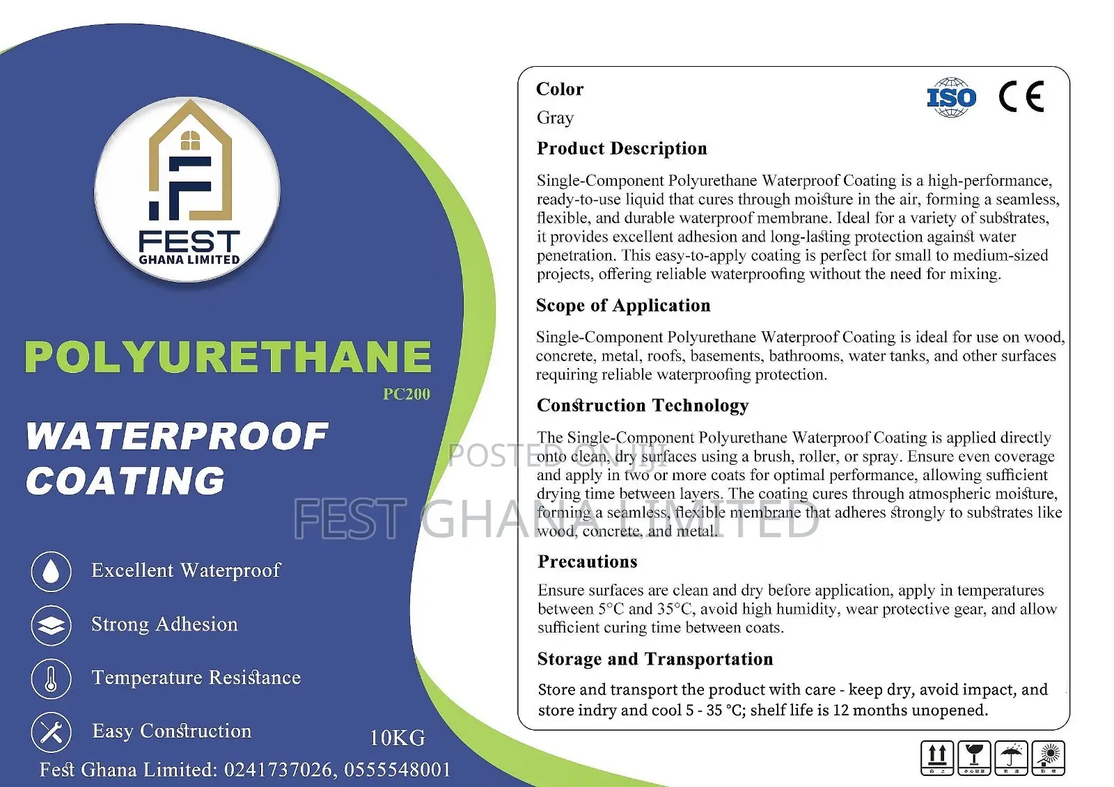 Polyurethane Waterproof Coating Paint Ghana —10kg Stoproof Wall Leak