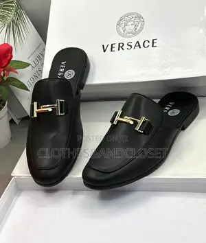 Versace Black Leather Slip-on Mule Loafers With a Gold-Tone Metal