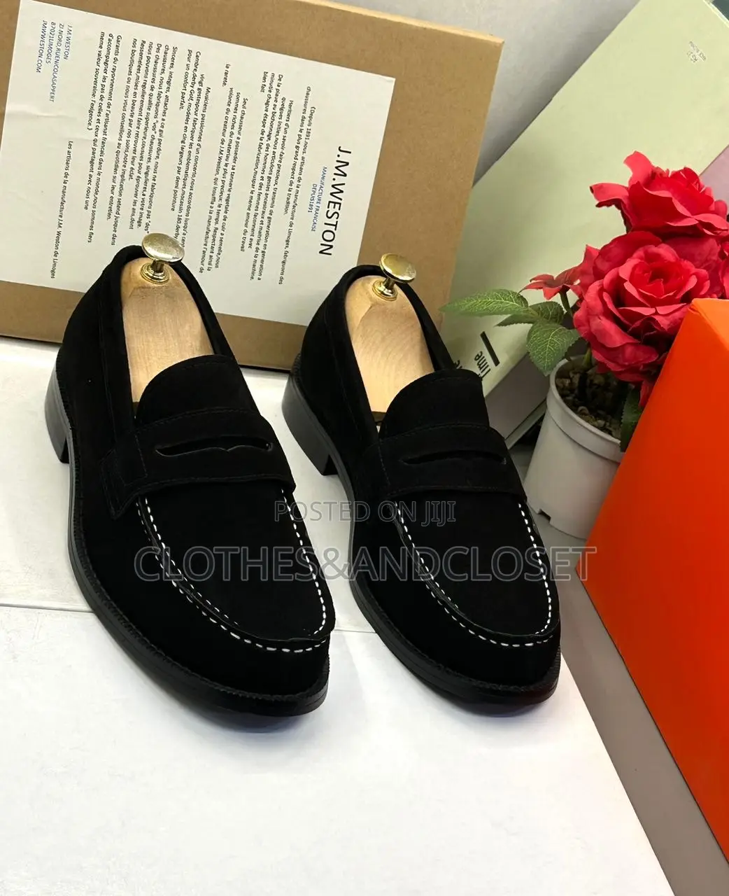 Black Suede Penny Loafers With White Contrast Stitching