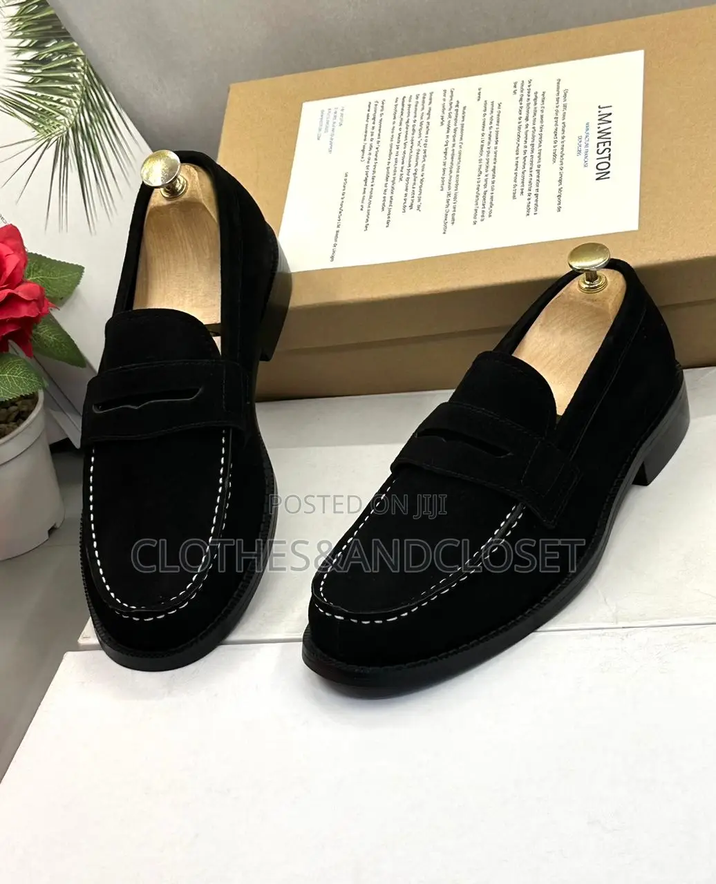 Black Suede Penny Loafers With White Contrast Stitching