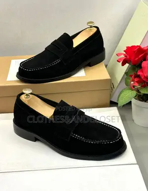 Black Suede Penny Loafers With White Contrast Stitching