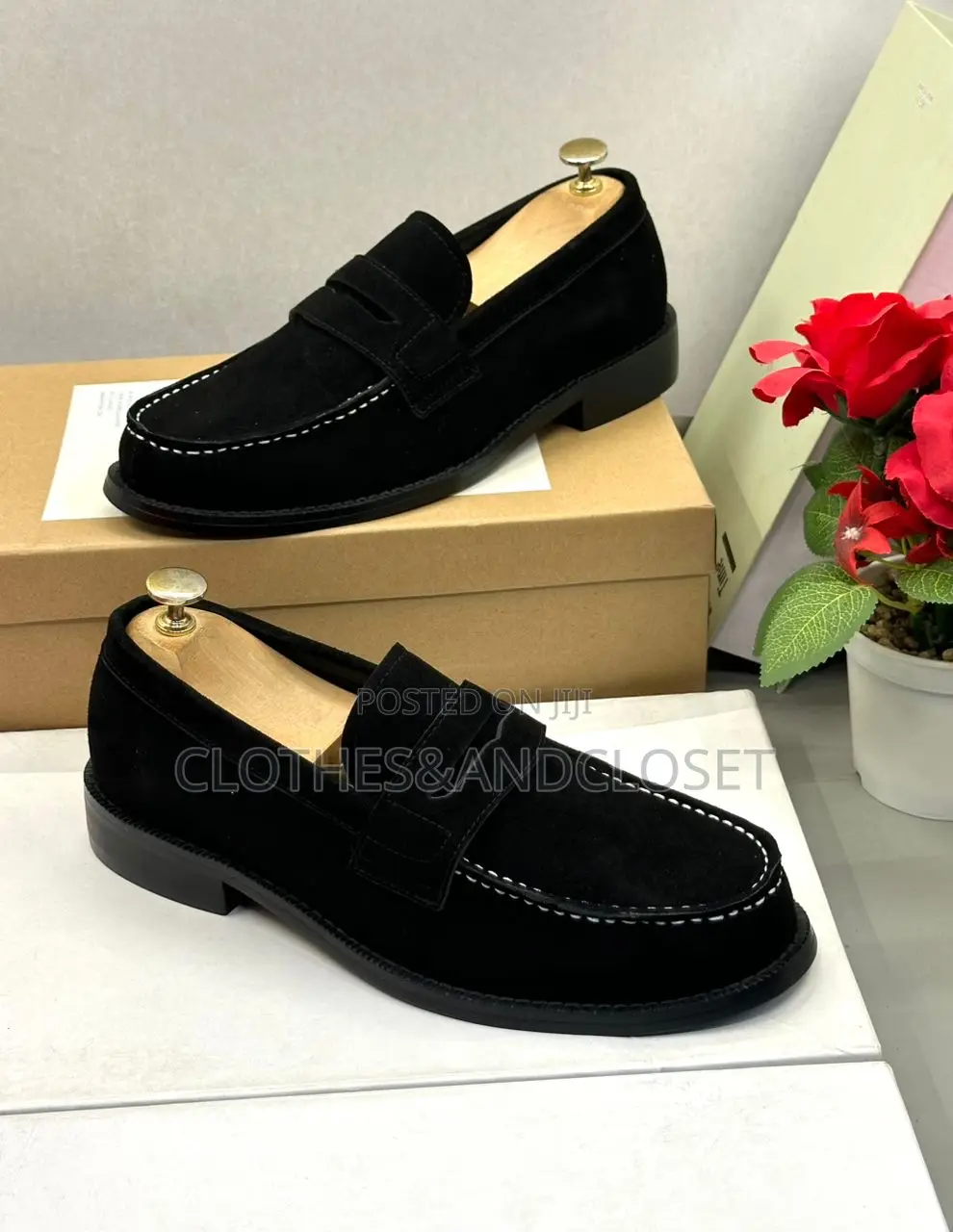 Black Suede Penny Loafers With White Contrast Stitching