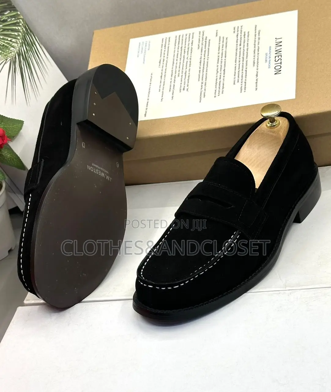 Black Suede Penny Loafers With White Contrast Stitching