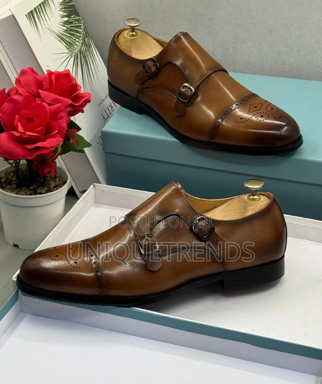 Executive Steve Riots Double Monk Strap Leather Shoes (Brown)