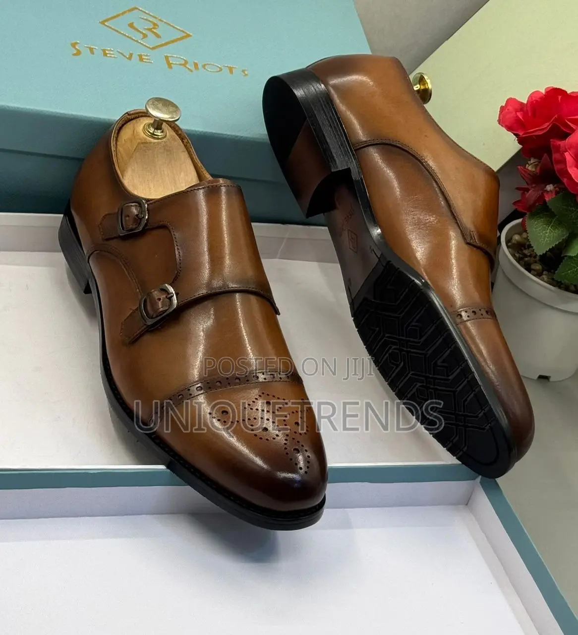 Executive Steve Riots Double Monk Strap Leather Shoes (Brown)