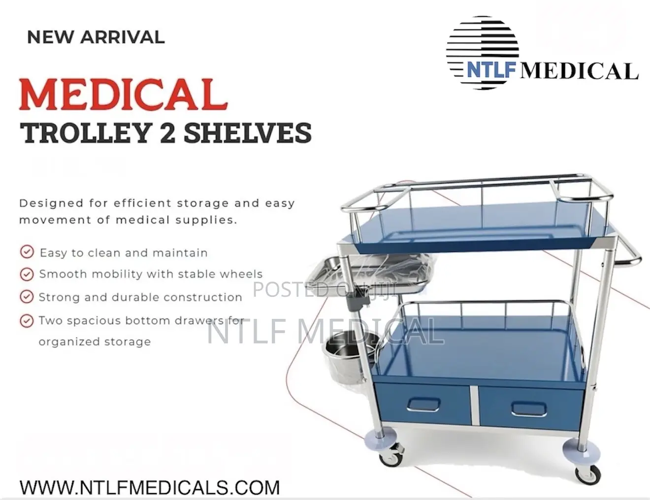Medicine Trolley With Drawers (2 Steps, Stainless)