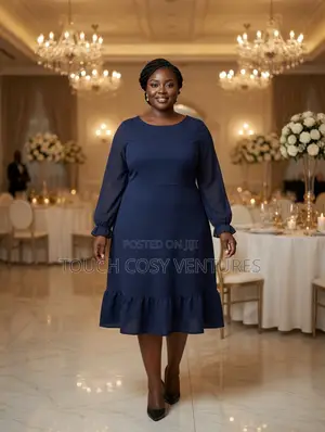 Luxe Navy Long Sleeve Ruffle Midi Dress