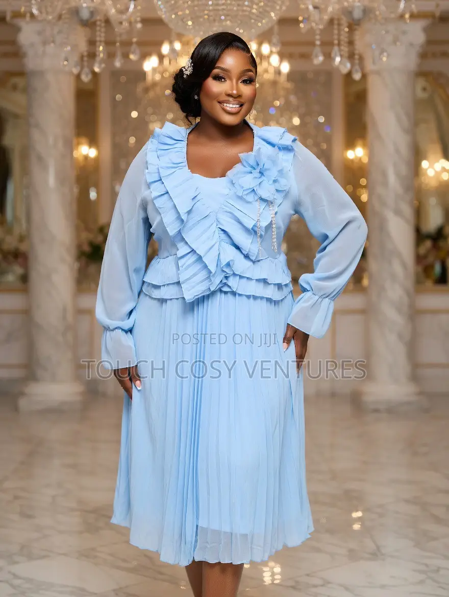 Luxe Sky Blue Ruffle Pleated Midi Dress