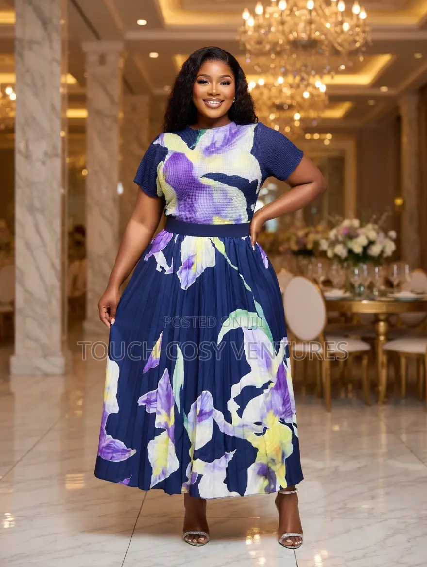 Luxe Navy Floral Pleated Midi Top and Skirt