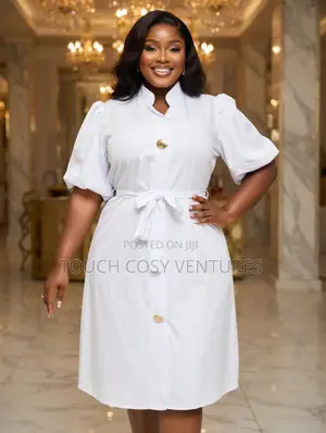 Luxe White Puff Sleeve Belted Shirt Dress