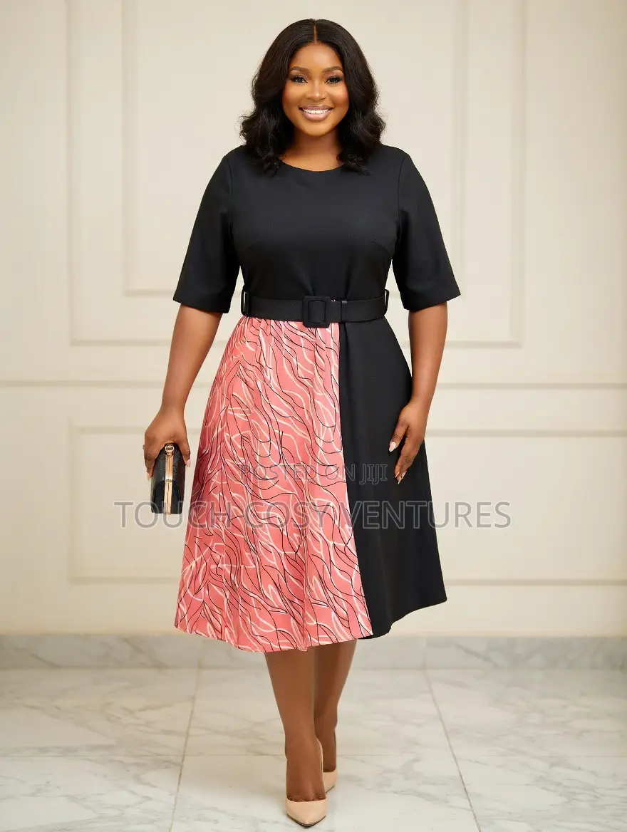 Elegant Color-Block Midi Dress - Black Pink Patterned With Belt