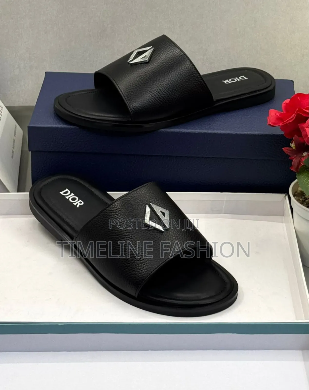 All Black Christian Dior Men's Stylish Leather Slippers