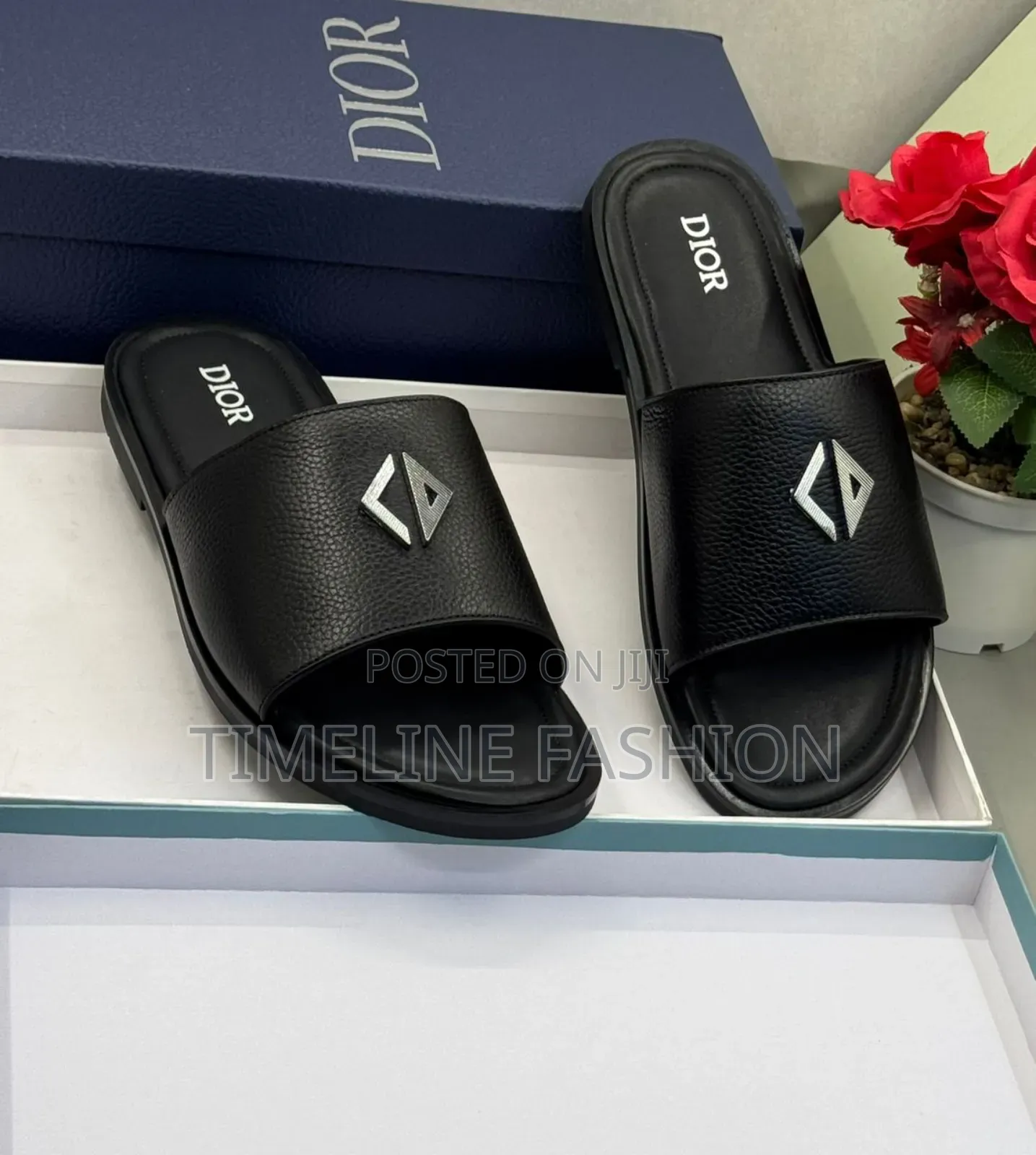 All Black Christian Dior Men's Stylish Leather Slippers