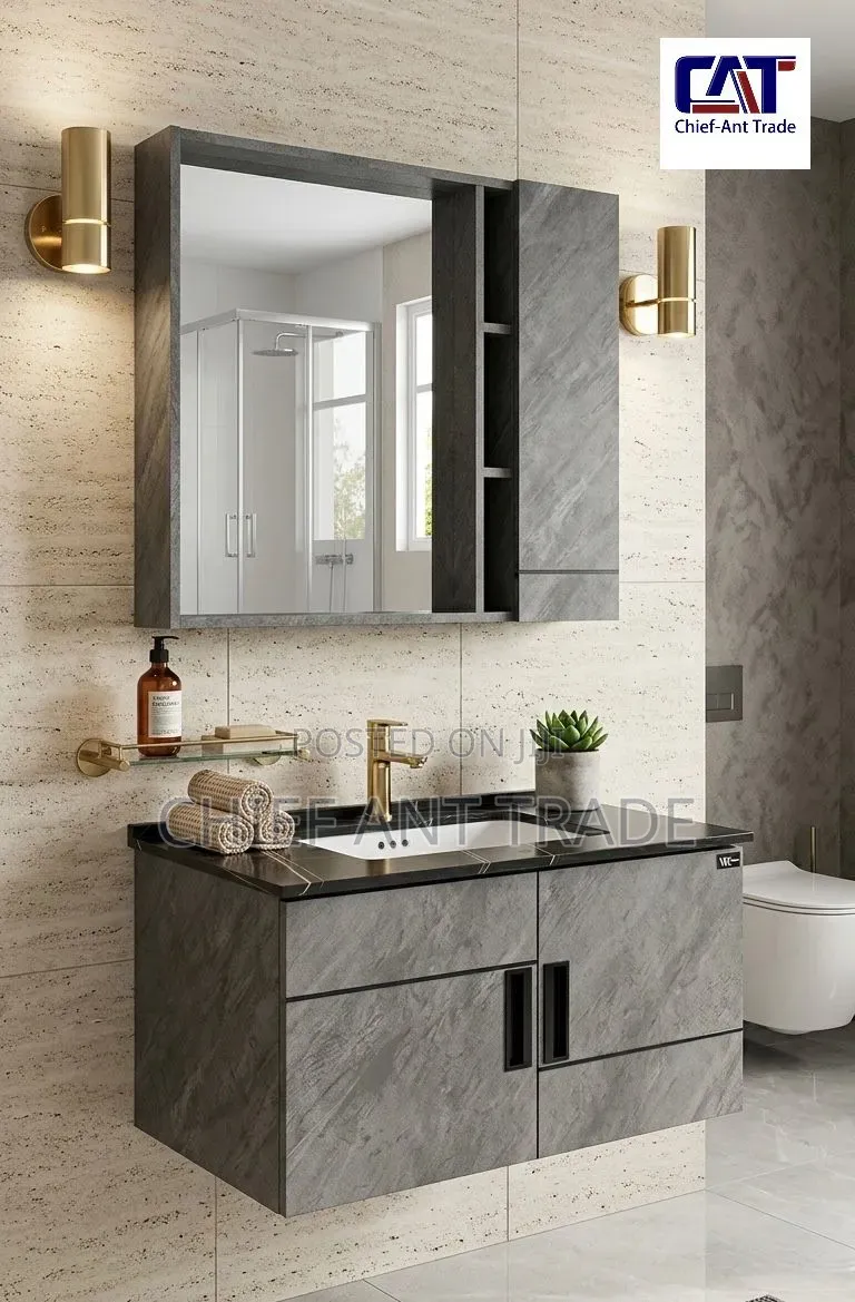 Grey Cabinet Basin With Marble Top and Cabinet Mirror 60cm