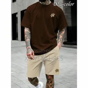 2-in-1 Short Sleeved T-Shirt and Shorts Set - Brown Apricot / White