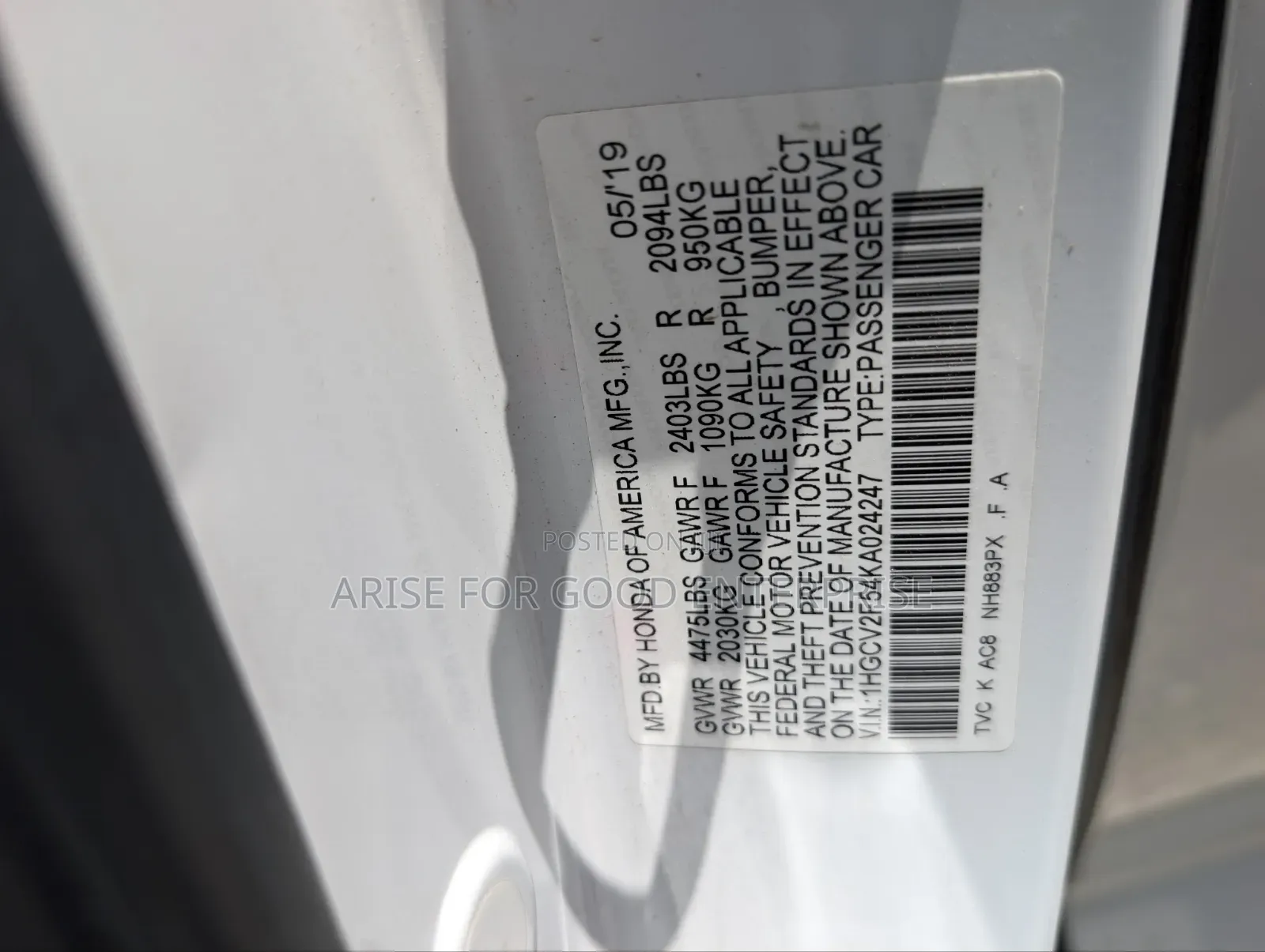 Honda Accord EX-L (2.0L 4cyl Turbo 10A) 2019 White