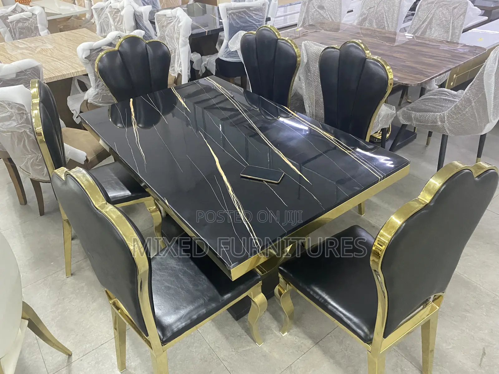 Executive Marble Dining Table With 6chairs ( Black Leather Chairs )