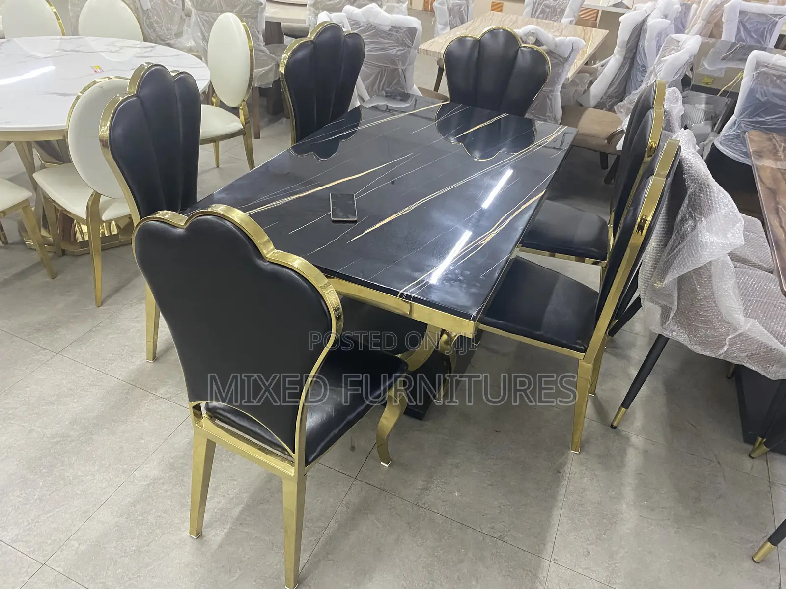 Executive Marble Dining Table With 6chairs ( Black Leather Chairs )