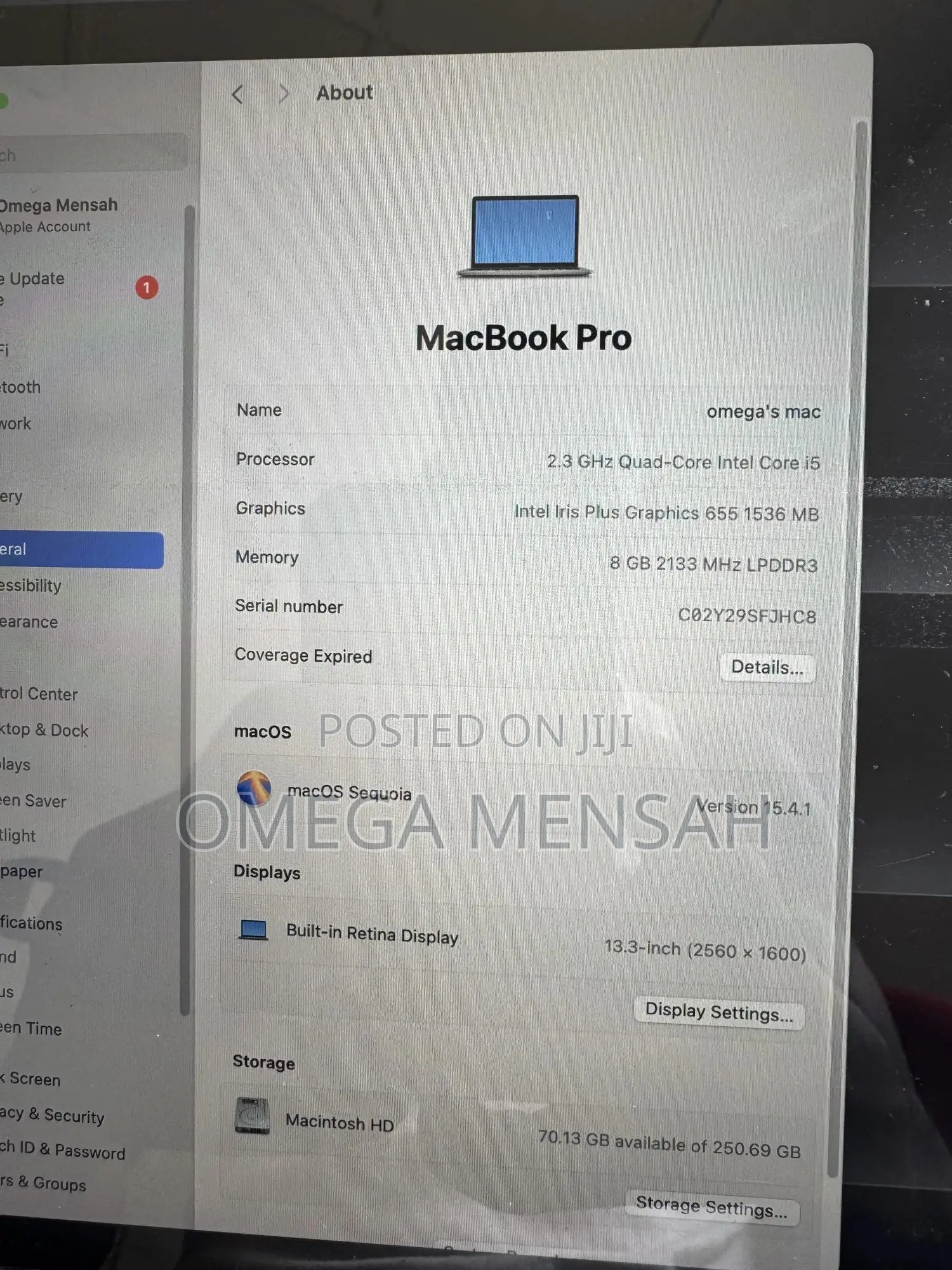 Laptop Apple MacBook Pro 2019 8GB Intel Core i5 HDD 250GB