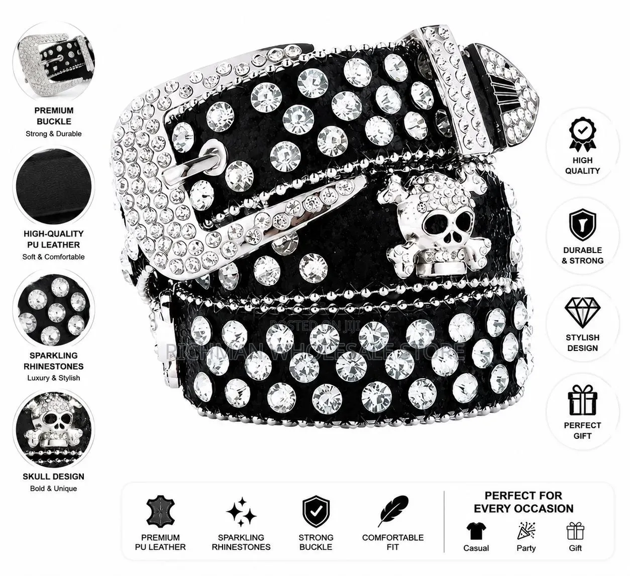 Luxury Rhinestone Skull Buckle Belt for Men Women – Stylish Pu Leath
