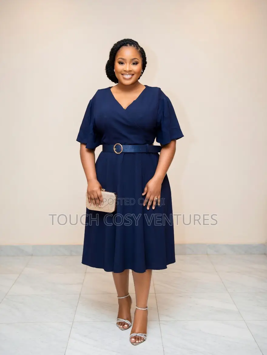 Elegant Navy Blue v-Neck Flutter Sleeve Belted Midi Dress