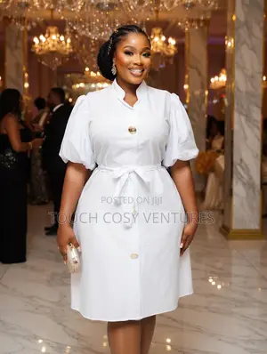 Elegant White Puff Sleeve Button-Down Belted Shirt Dress