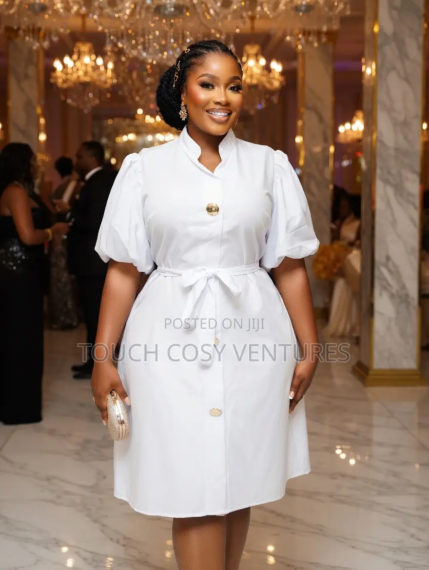 Elegant White Puff Sleeve Button-Down Belted Shirt Dress