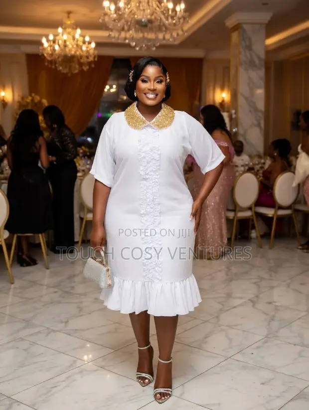 Elegant White Ruffle Hem Dress With Gold Embellished Collar