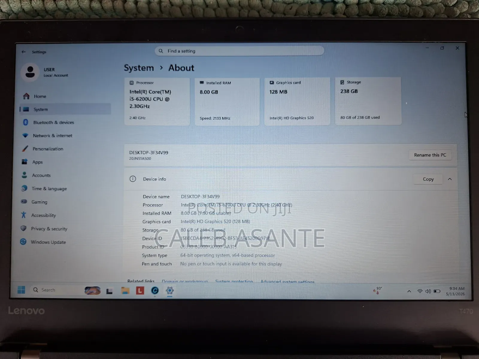 Laptop Lenovo ThinkPad T470 8GB Intel HDD 256GB