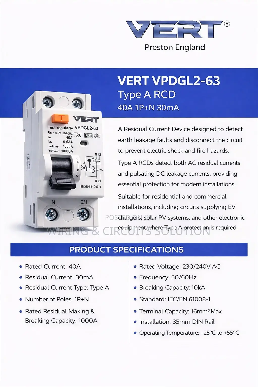 Vert Type A Rcd 40amp 1p+N 30ma Solar And Ev Charger Installation