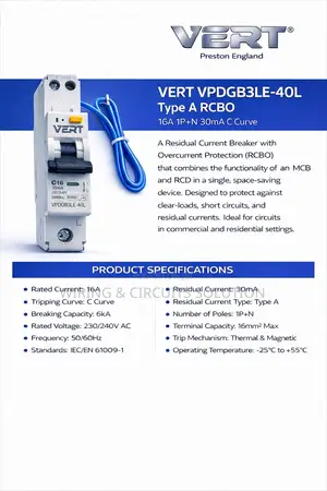 Vert Type a Rcbo 16 Amp 1p+N 30ma C Curve Vpdgb3le-4ol