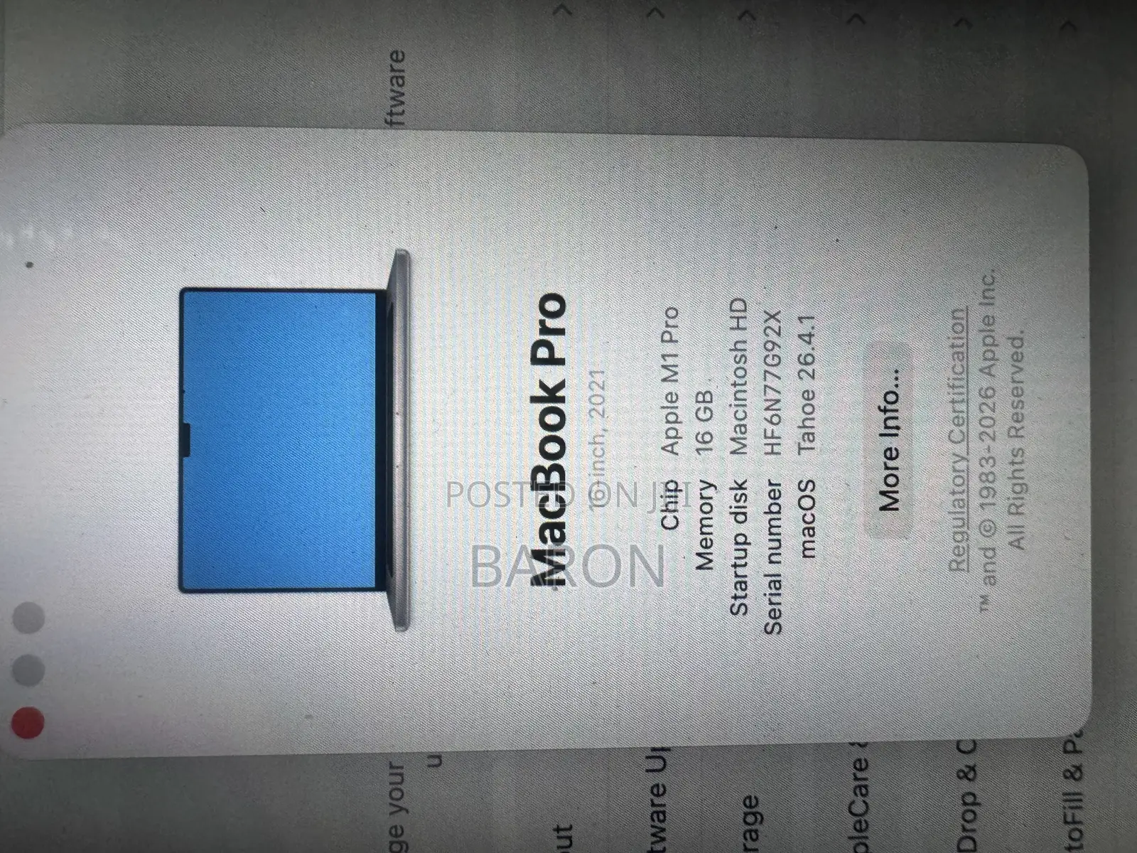 Laptop Apple MacBook Pro 2021 M1 16GB Apple M1 Pro SSD 512GB
