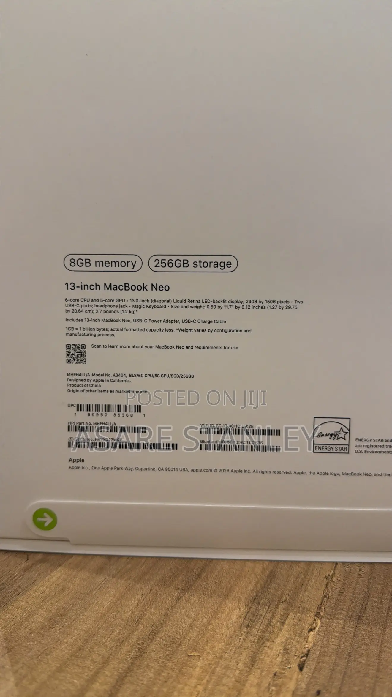 New Laptop Apple MacBook Neo 2026 8GB SSD 256GB