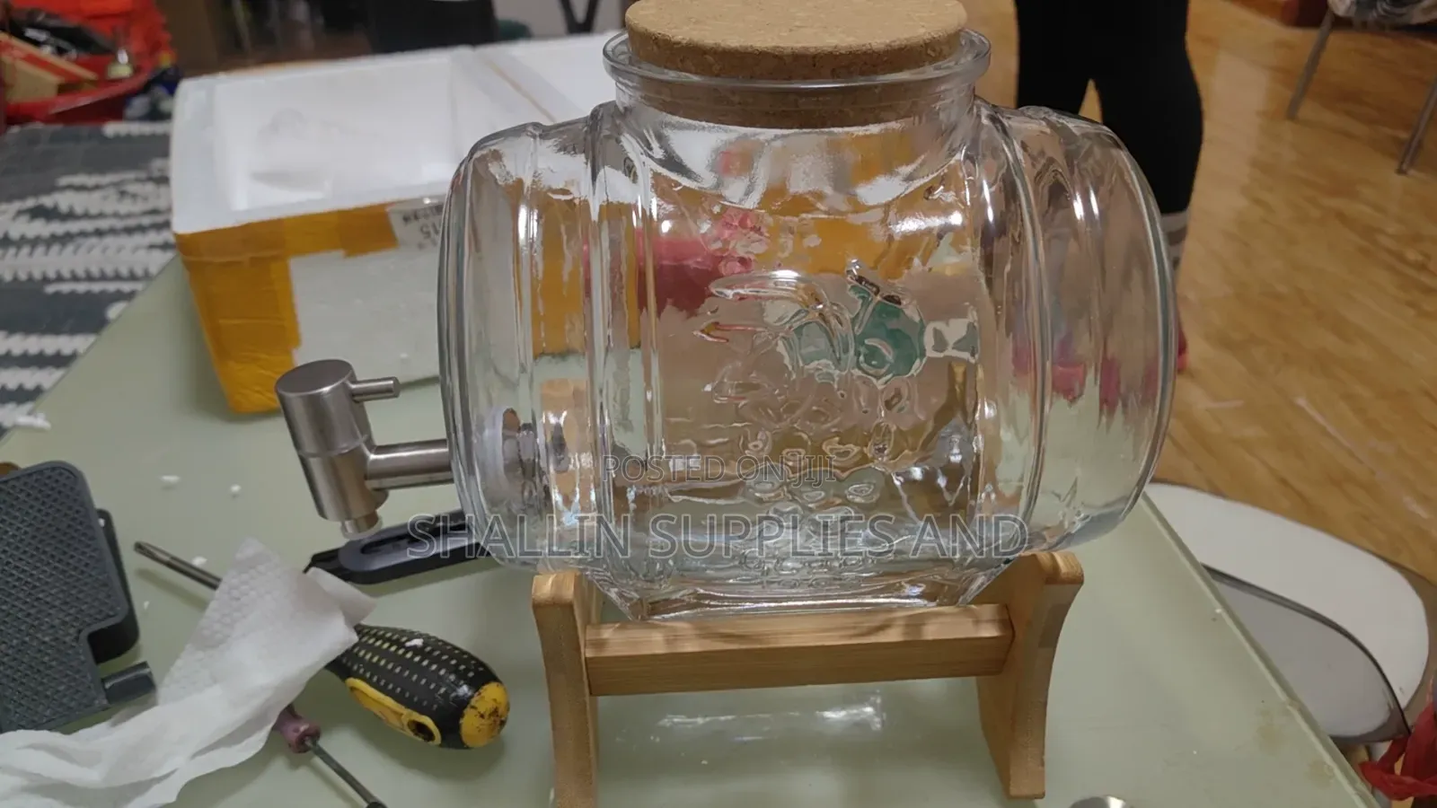 Premium Glass Juice Dispenser Barrel With Wooden Stand