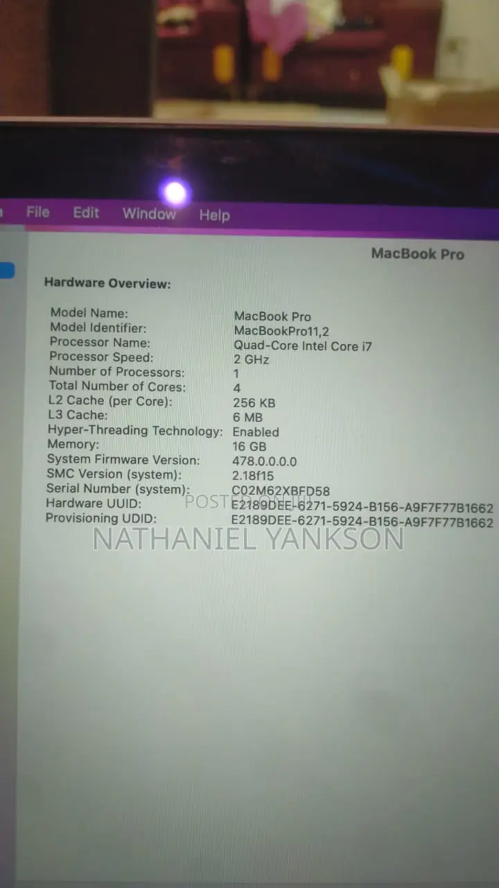 Laptop Apple MacBook Pro 16GB Intel Core i7 SSD 256GB