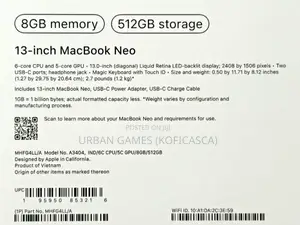 New Laptop Apple MacBook Neo 2026 8GB Apple M5 Pro SSD 512GB