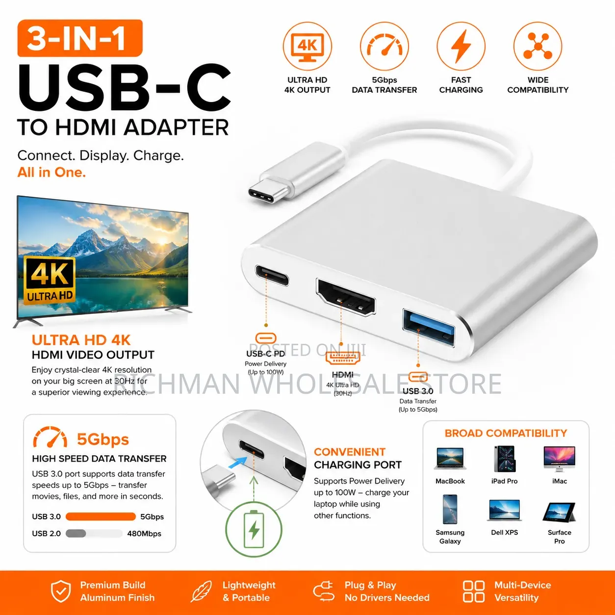 Usb C To Hdmi Adapter 3-in-1 Usb 3.0 Pd 100w Fast Charging