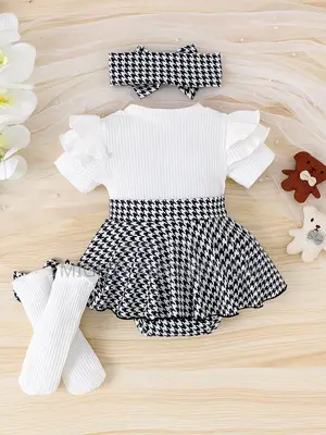 Girls White Top Houndstooth Skirt Suit Age 1-6months Only