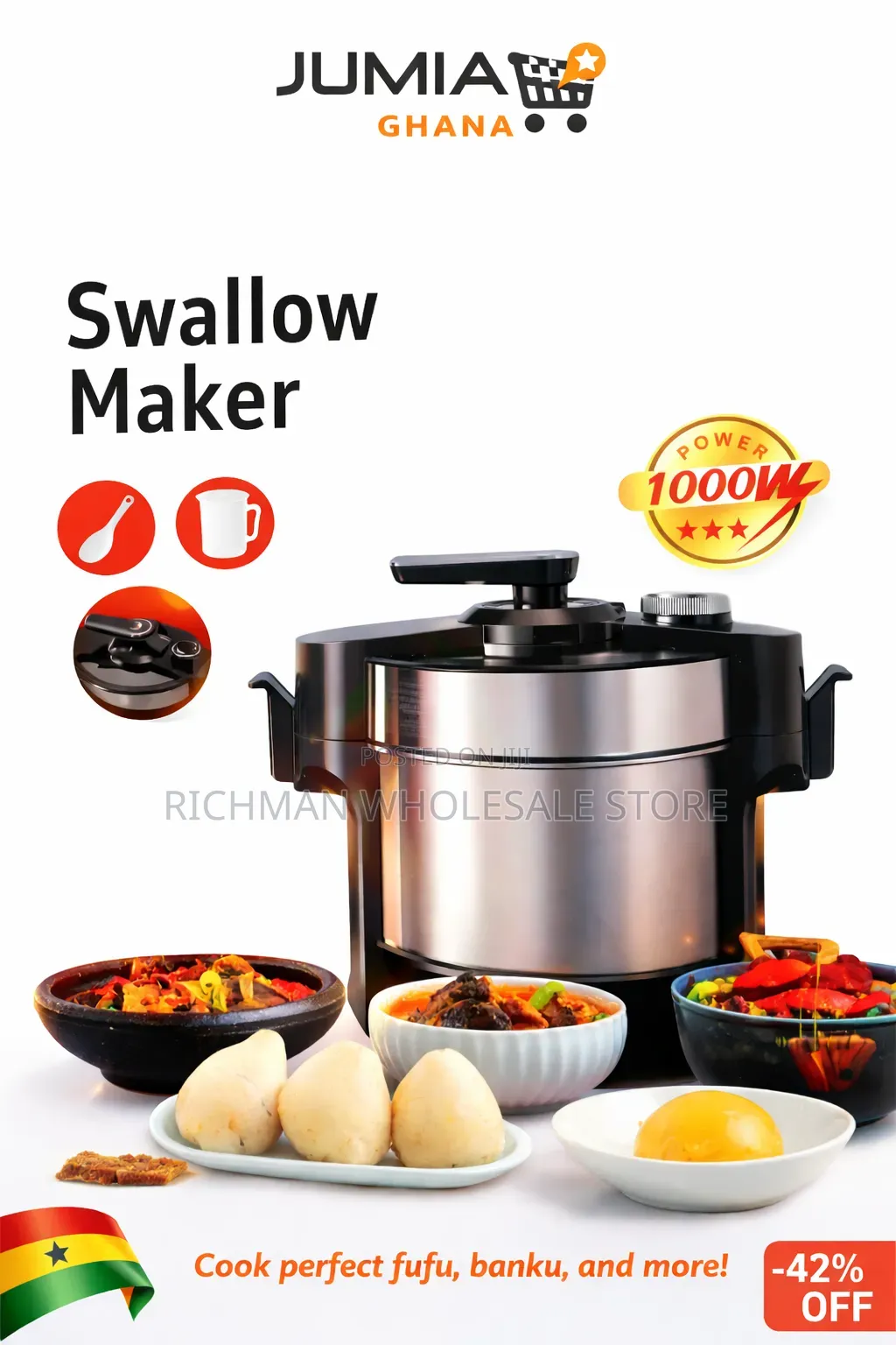 Swallow Maker 1000w Electric Fufu Banku Machine – Fast Cooking