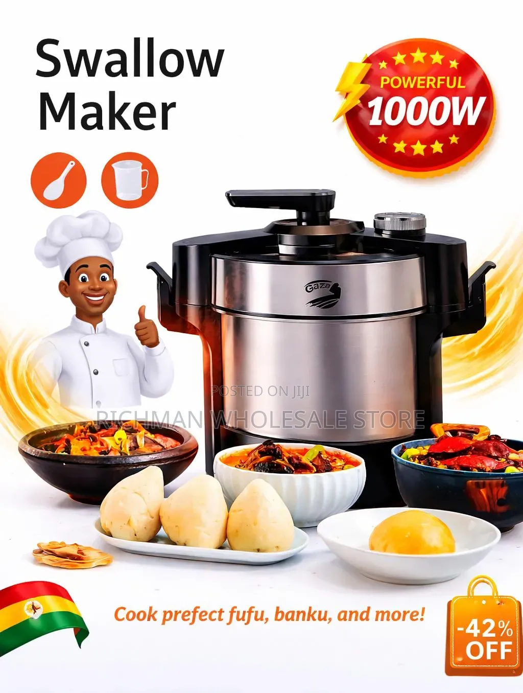 Swallow Maker 1000w Electric Fufu Banku Machine – Fast Cooking